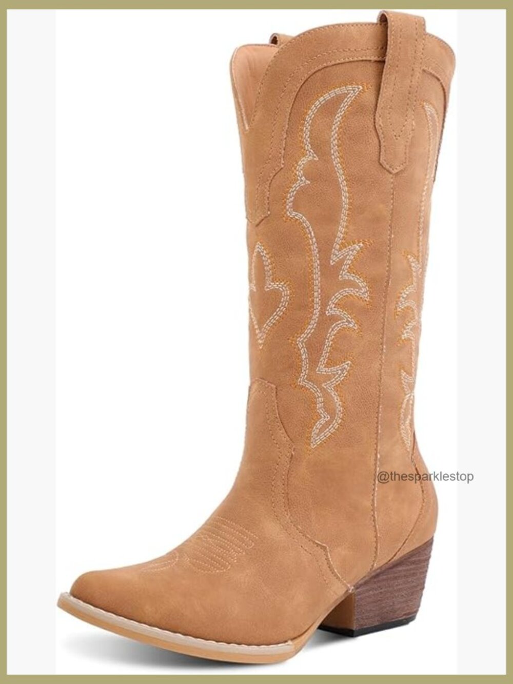 Classic Western Cowgirl Boots Faux Leather Pointed Toe Mid-Calf Heel 2-inch